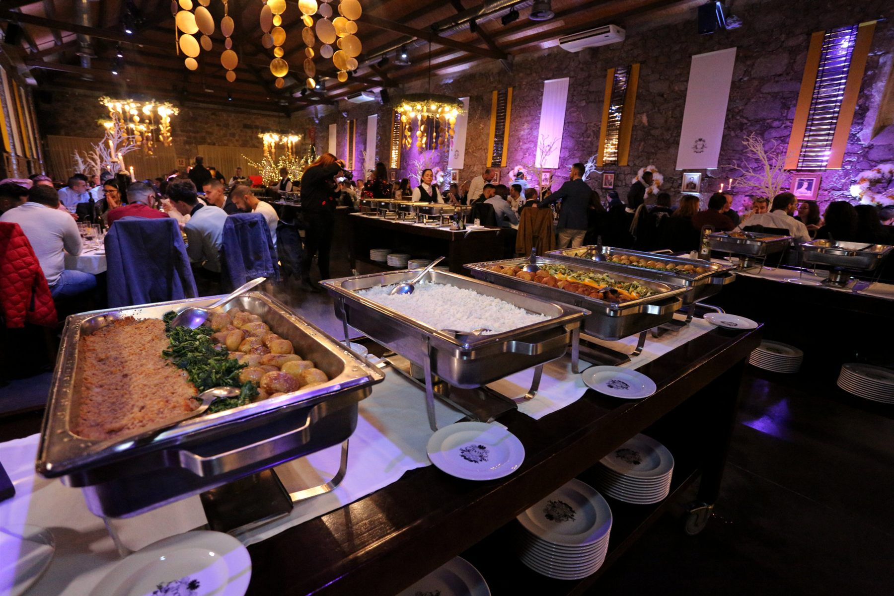 Buffet set up in a decorated event hall
